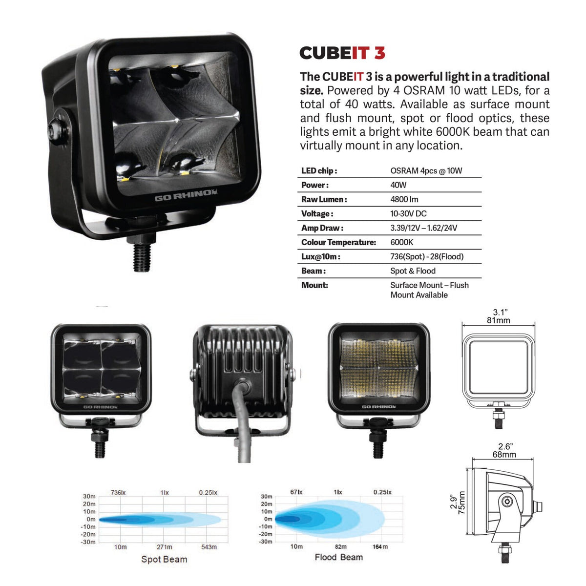 Go Rhino Blackout Series Lights Pair of 3x3 Cube LED Flood Light Kit Flush Mount Black Go Rhino