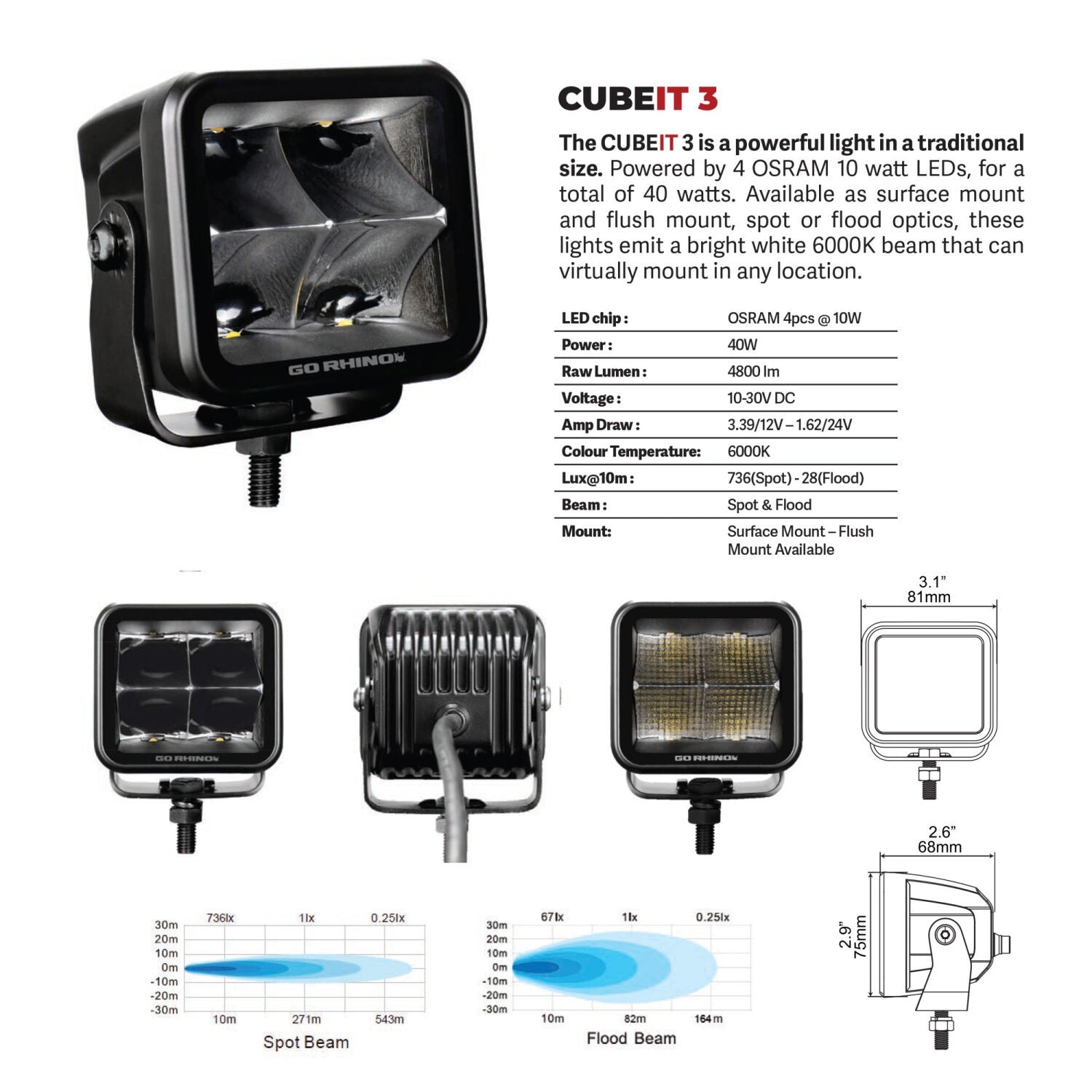 Go Rhino Blackout Series Lights Pair of 3x3 Cube LED Flood Light Kit Black Go Rhino