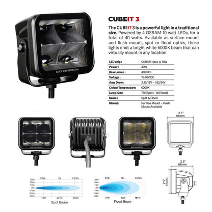 Go Rhino Blackout 3x3 Cube LED Spot Light Kit Flush Mount Black Go Rhino