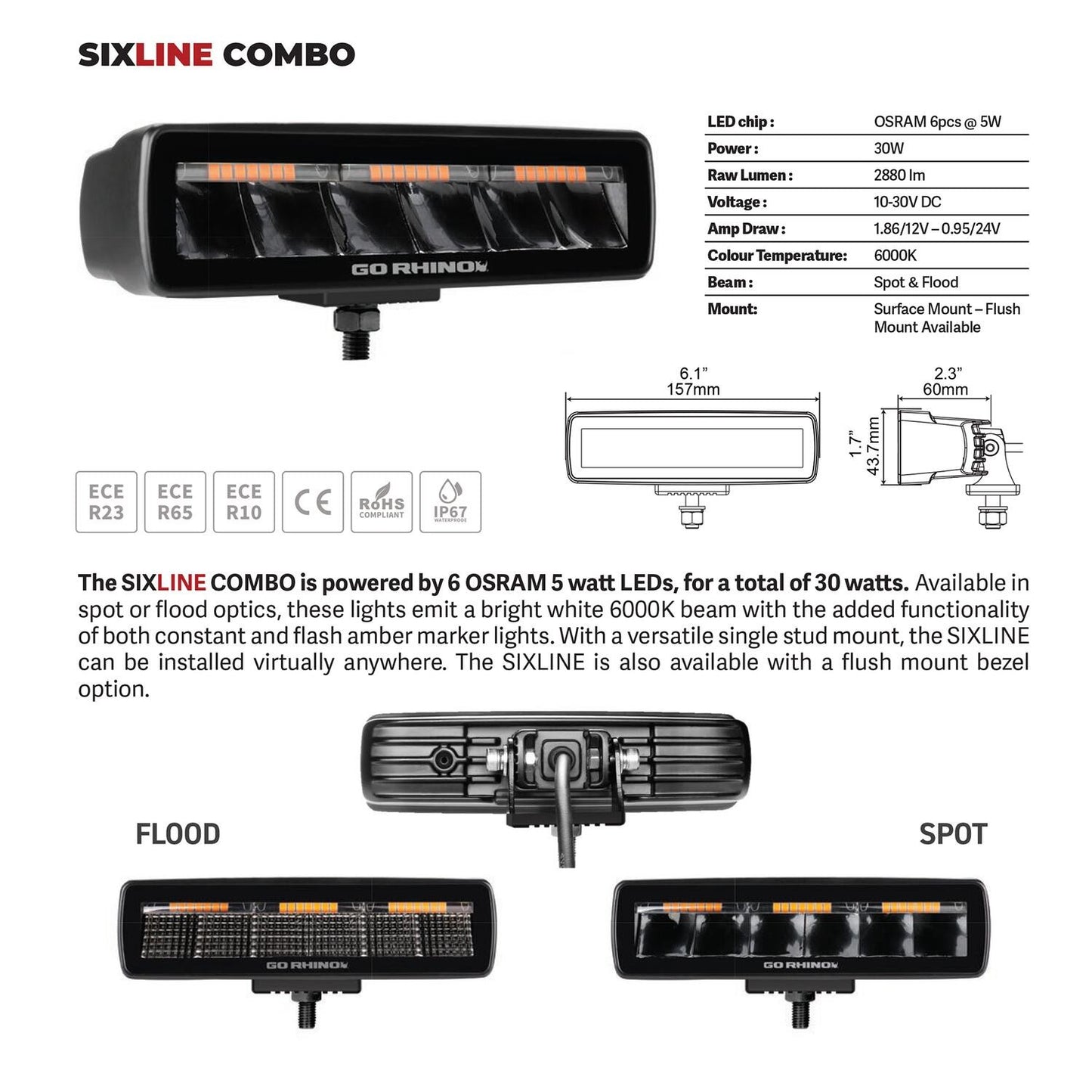 Go Rhino Blackout Combo Series Lights Pair of Sixline LED Flood Lights With Amber Accent Black Go Rhino