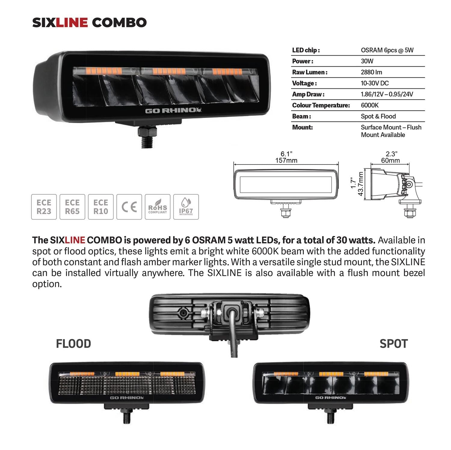 Go Rhino Blackout Combo Series Lights Pair of Sixline LED Flood Lights With Amber Accent Black Go Rhino