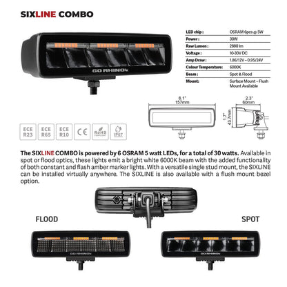 Go Rhino Blackout Combo Series Lights Pair of Sixline LED Spot Lights With Amber Accent Black Go Rhino