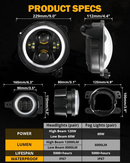 Upgraded RGB 9 Inch Headlights + 4 Inch Fog Lights Combo for Jeep Wrangler JL with APP Control