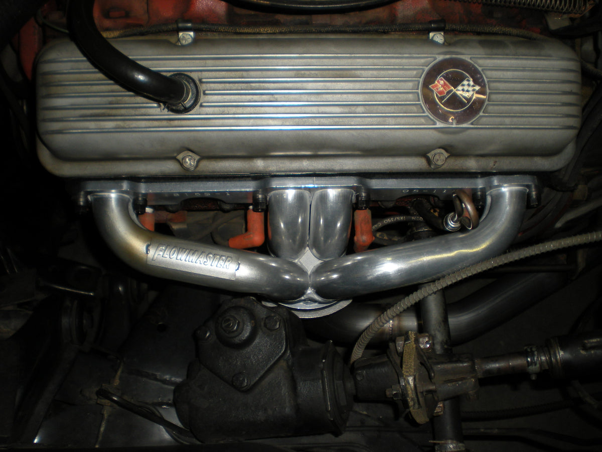 Scavenger Series Elite Header Fits 1957-1974 Corvette, Universal Center Dump, 327/350, V8, Shorty Headers 1-5/8 inch Primary 16 Gauge Tubing 3/8 Inch Flange Silver Ceramic Coating Carb Eo D-698, 409S Stainless Steel Flowmaster
