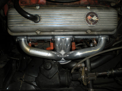 Scavenger Series Elite Header Fits 1957-1974 Corvette, Universal Center Dump, 327/350, V8, Shorty Headers 1-5/8 inch Primary 16 Gauge Tubing 3/8 Inch Flange Silver Ceramic Coating Carb Eo D-698, 409S Stainless Steel Flowmaster