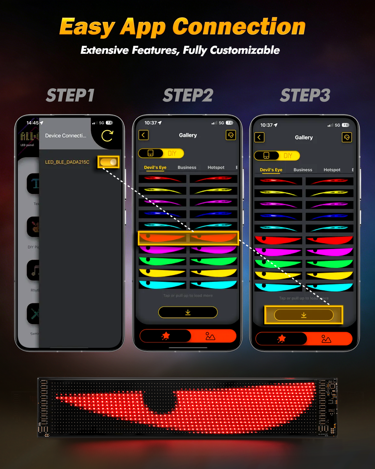 🆕Single Pack Devil's Eye Atmosphere Light Flexible Programmable USB APP Control Car LED Screen 23.42x4.72in for Windshield Decoration