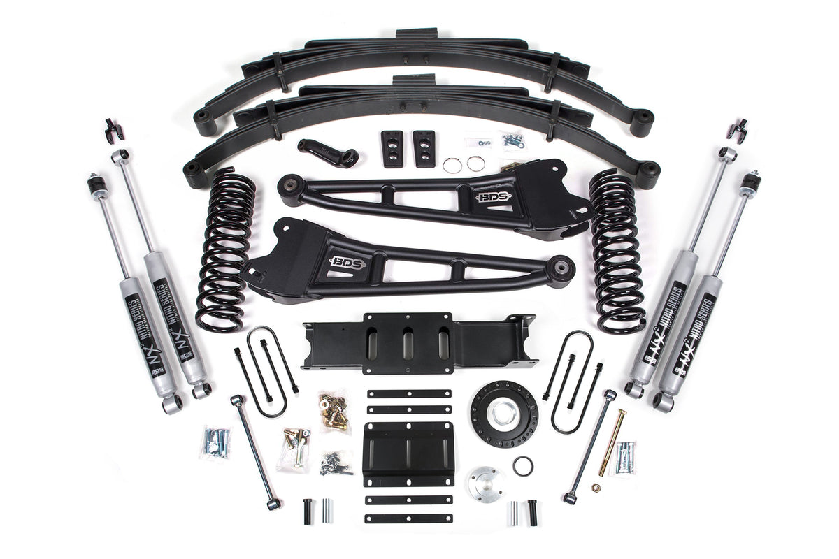 13-18 Ram 3500 4WD (Diesel) 6 Inch Radius Arm Suspension Lift Kit, 8-Bolt Indexing Ring, 4 Inch Rear Lift, Block - Fox 2.0 IFP Performance Series Shocks BDS Suspension