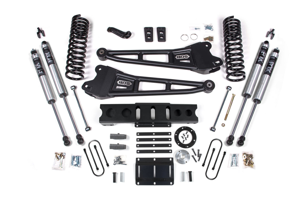 13-18 Ram 3500 4WD (Diesel) 6 Inch Radius Arm Suspension Lift Kit, 6-Bolt Indexing Ring, 4 Inch Rear Lift, Block - Fox 2.0 IFP Performance Series Shocks BDS Suspension
