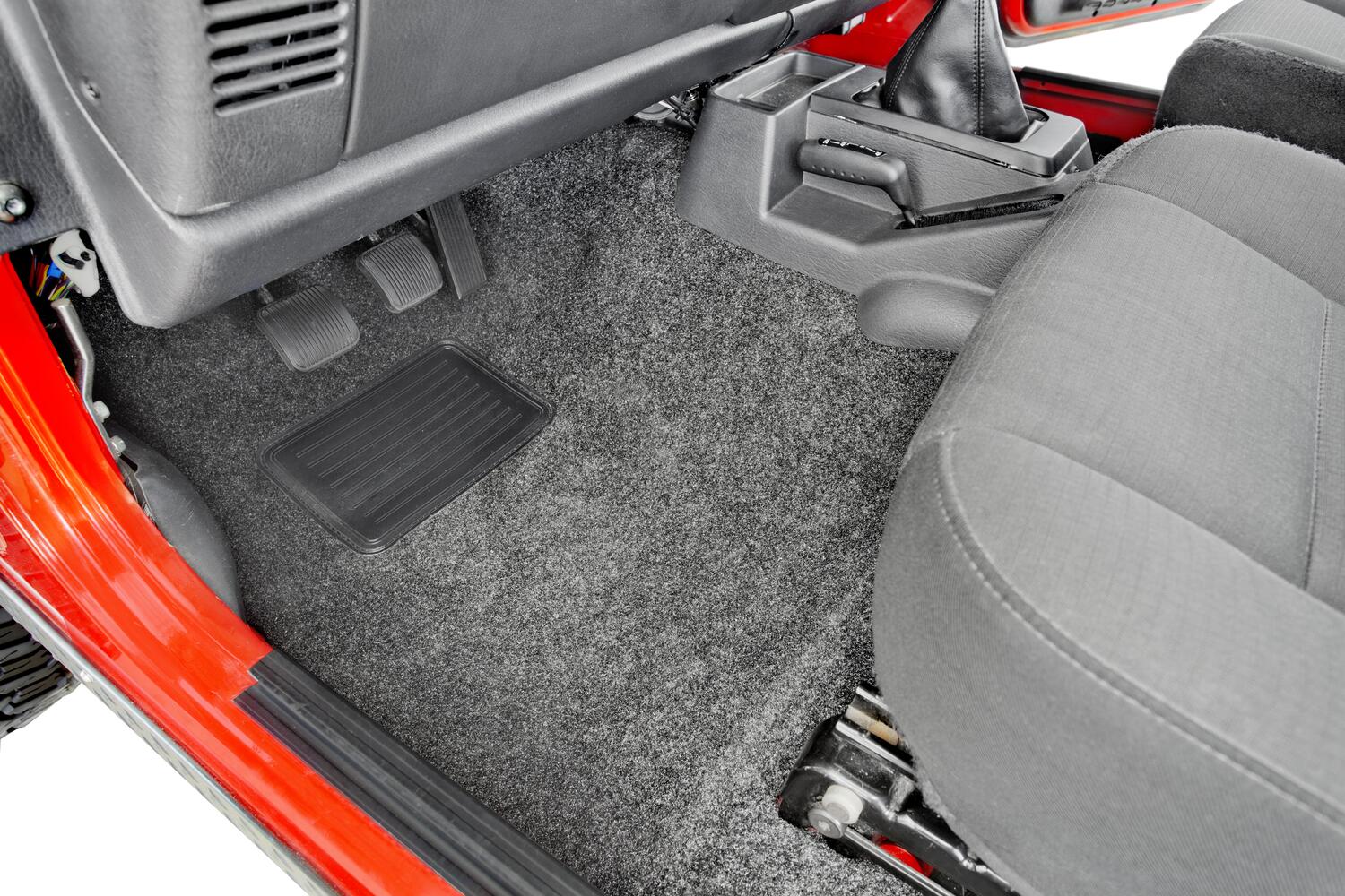 Jeep 97-06 Jeep Tj/Lj Front 3Pc Floor Kit (W Cntr Cnsl) - HT Shlds Floor Liner Kit 3 pc. 2 pc. Front 1 pc. Rear Replaces Factory Carpet Kit w/Center Console Incl. Heat Shields Charcoal BedRug