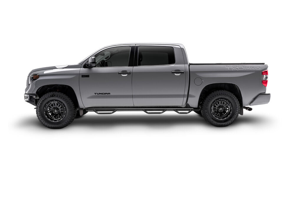 Nerf Step Bar Wheel-to-Wheel with Bed Access (3 Steps per Side) 3 Inch Main Tube Diameter 2007-2010 Chevy Silverado/GMC Sierra 2500 HD/3500 HD 8' Bed Crew Cab Gloss Black N Fab