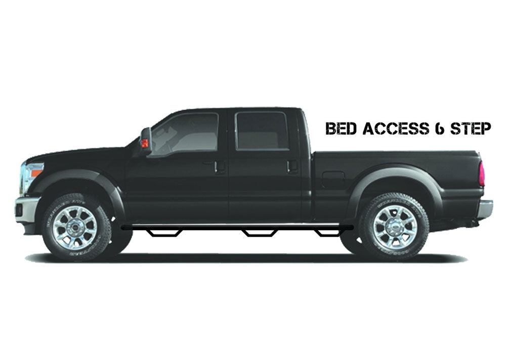 Nerf Step Bar Wheel-to-Wheel with Bed Access (3 Steps per Side) 3 Inch Main Tube Diameter 2014-2015 Ram 1500/2010-2018 2500/3500 6 Foot 4 Inch Bed Crew Cab Gloss Black NFab