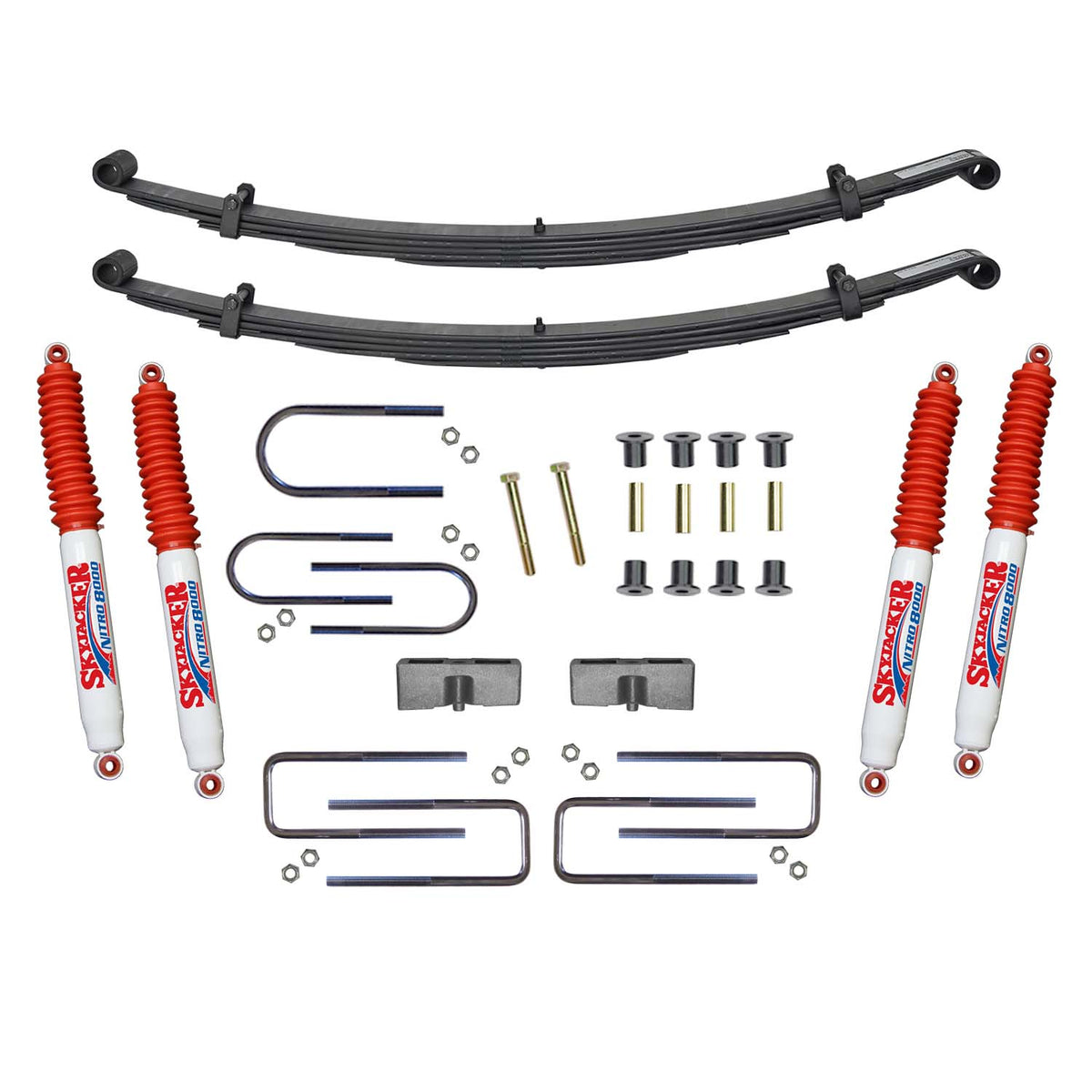 Suspension Lift Kit w/Shock Nitro Shocks 2.5 Inch Front/2 Inch Rear Lift Incl. Front Leaf Springs Front U Bolt Kit Front Bushing Kit Skyjacker