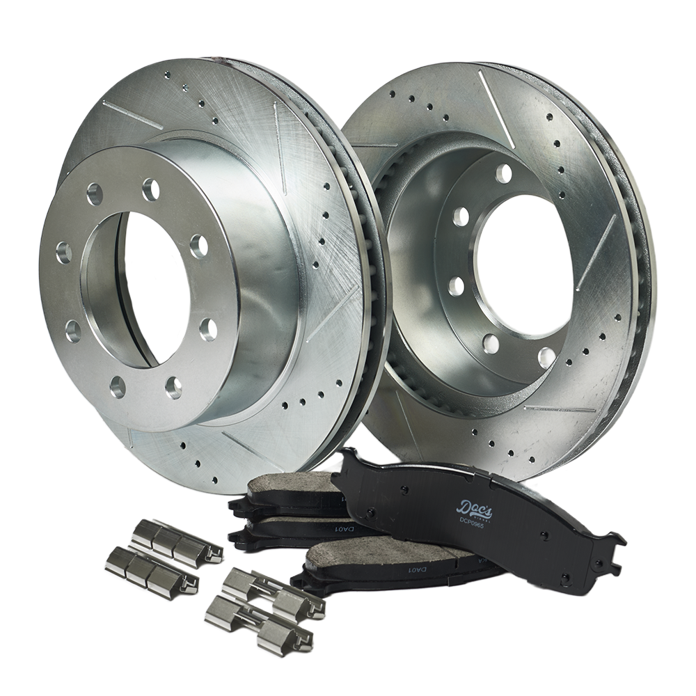 Doc's Diesel Dodge RAM 5.9L Cummins 2500/3500 Ceramic Front Brake Pads + Drilled and Slotted Front Rotors Kit 2003-2008, 6.7L 2007.5-2008