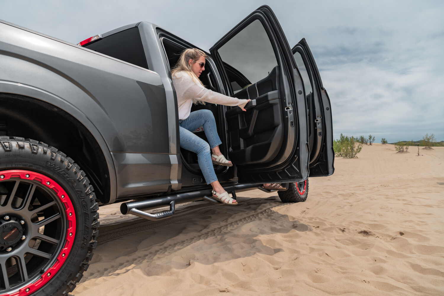 Nerf Step Bar Wheel-to-Wheel with Bed Access (3 Steps per Side) 3 Inch Main Tube Diameter 2015-2025 Ford F-150 5 Foot 7 Inch SuperCrew Textured Black NFab