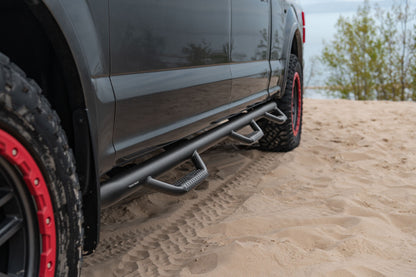 Nerf Step Bar Wheel-to-Wheel with Bed Access (3 Steps per Side) 3 Inch Main Tube Diameter 2015-2025 Ford F-150 5 Foot 7 Inch SuperCrew Textured Black NFab