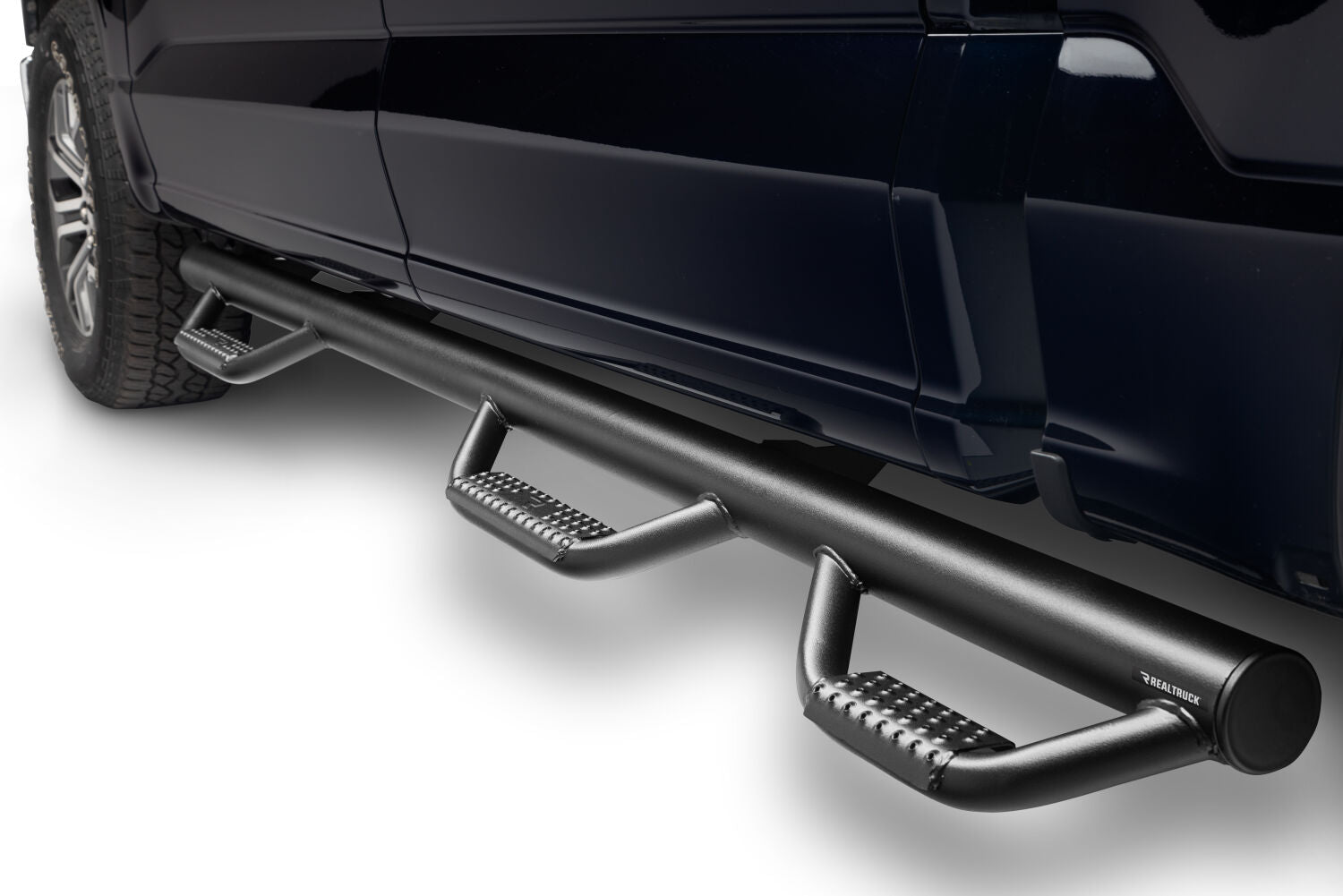 Nerf Step Bar Wheel-to-Wheel with Bed Access (3 Steps per Side) 3 Inch Main Tube Diameter 2015-2025 Ford F-150 5 Foot 7 Inch SuperCrew Textured Black NFab
