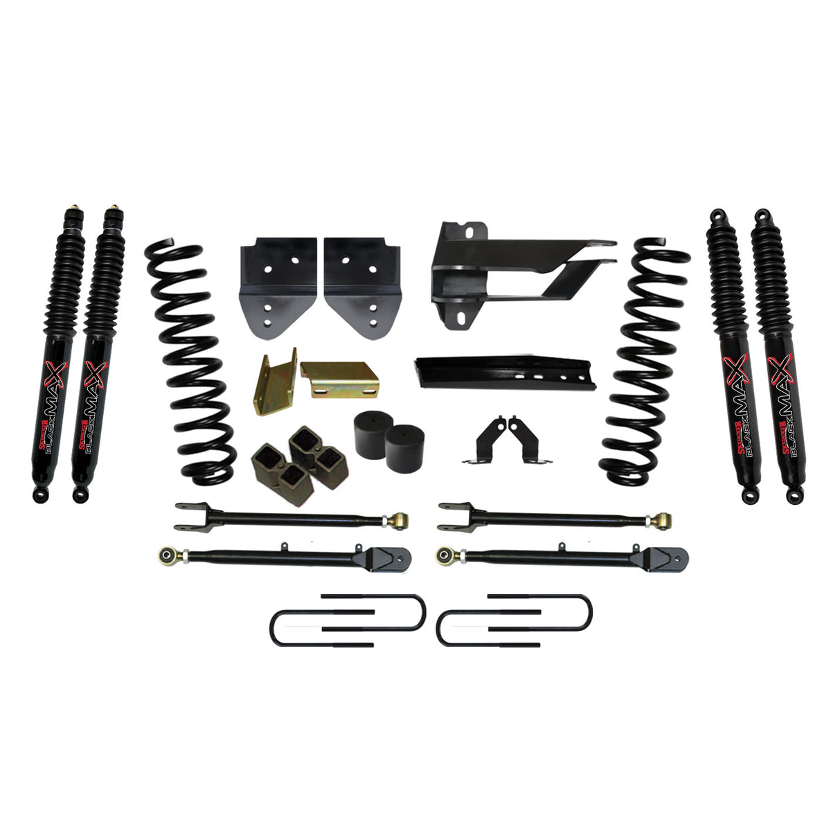Suspension Lift Kit w/Shock 4 Inch Lift w/Adjustable 4-Links 17-19 Ford F-350 Super Duty Incl. Front Coil Springs U-Bolts Bump Stop Spacers Radius Arms Lowering Brackets Black Max Nitro 8500 Shocks Skyjacker