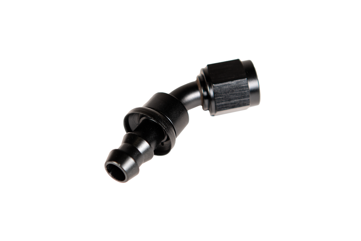 -6 45 Deg to Hose Barb Black Fleece Performance Fleece Performance