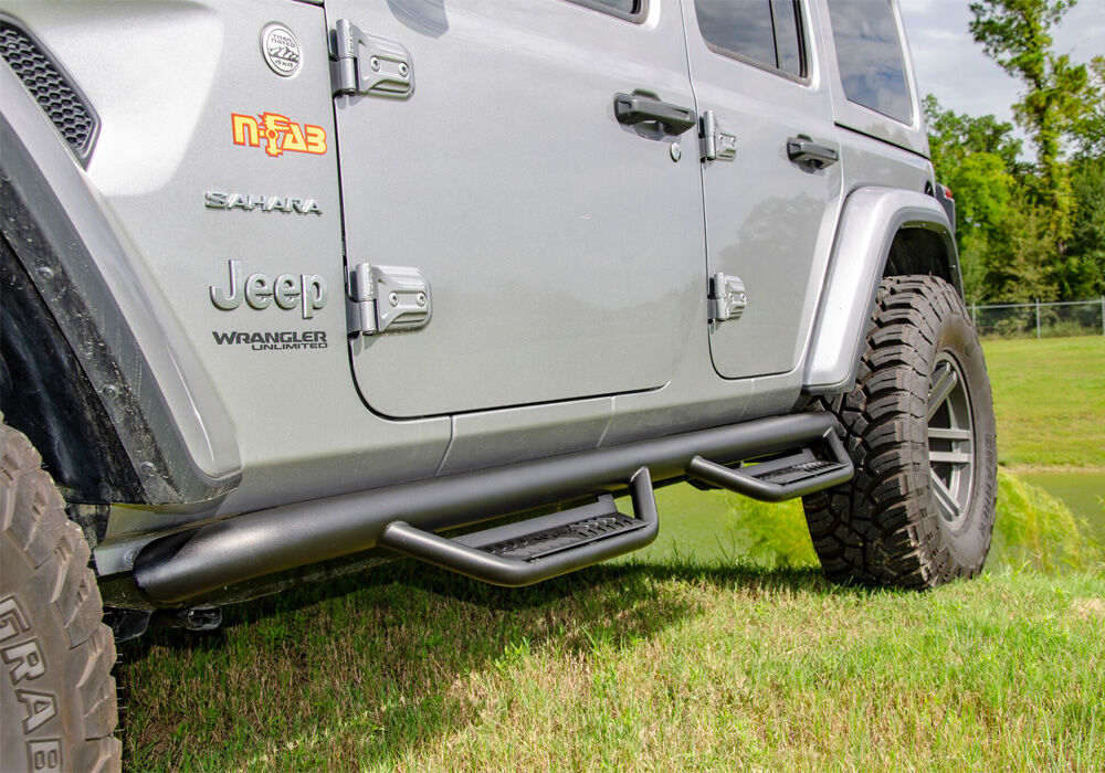 Podium Step LG Wheel-to-Wheel (2 Steps per Side) 3 Inch Main Tube Diameter 2018-2026 Jeep Wrangler JL 4-Door Textured Black NFab