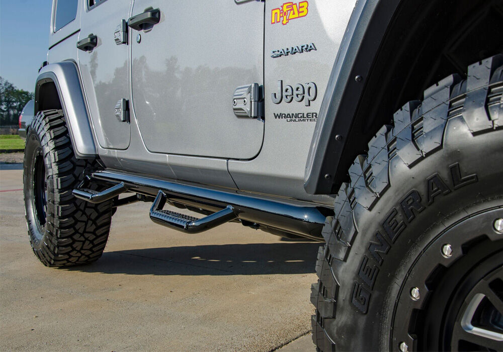 Nerf Step Bar Wheel-to-Wheel (2 Steps per Side) 3 Inch Main Tube Diameter 2018-2026 Jeep Wrangler JL 4-Door Gloss Black NFab