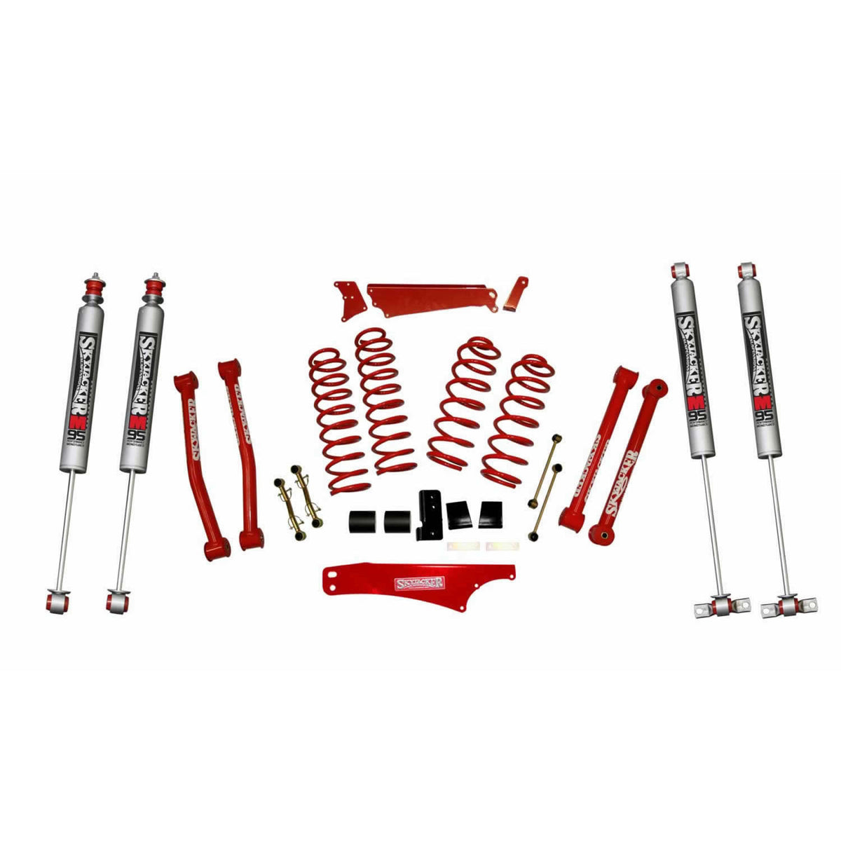 Suspension Lift Kit w/Shock 4 - 5 Inch Lift Incl. Front/Rear Track Bar Brace Front/Rear Springs Lower Links Brake Line Bracket Red Powder Coated Skyjacker