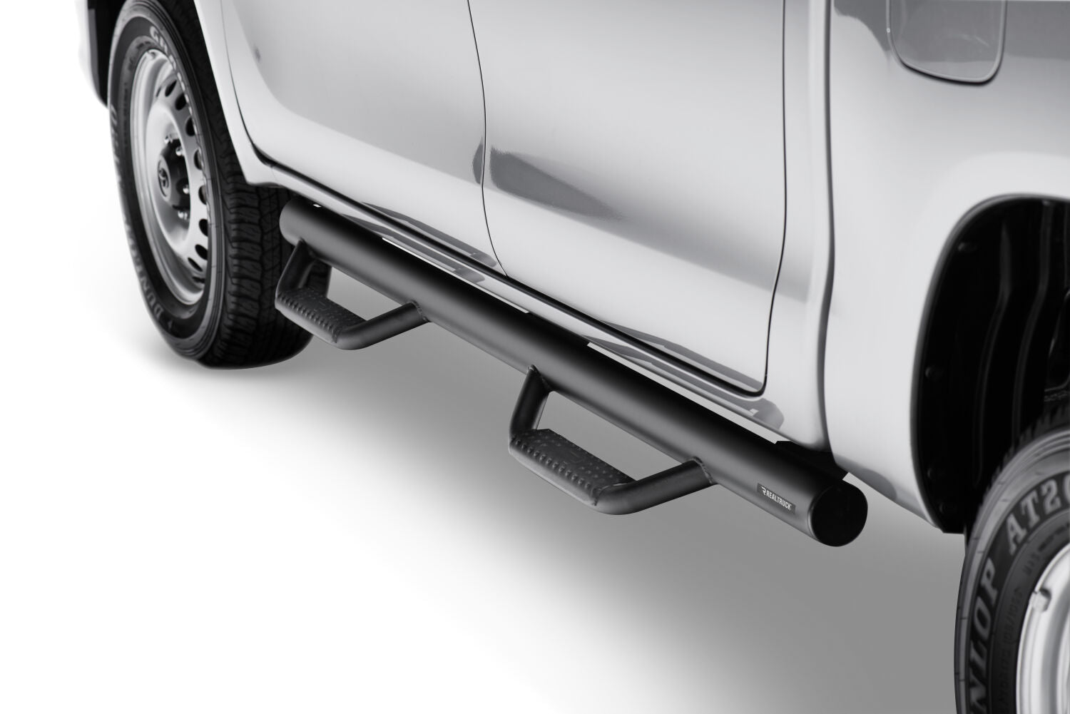 Nerf Step Bar Wheel-to-Wheel without Bed Access (2 Steps per Side) 3 Inch Main Tube Diameter 2016-2023 Toyota Tacoma 5 Foot Bed Double Cab Textured Black NFab