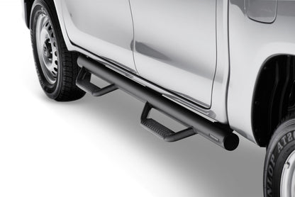 Nerf Step Bar Wheel-to-Wheel without Bed Access (2 Steps per Side) 3 Inch Main Tube Diameter 2016-2023 Toyota Tacoma 5 Foot Bed Double Cab Textured Black NFab