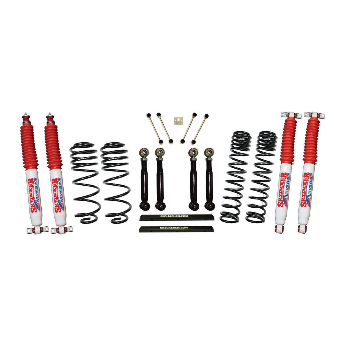 4 Inch Dual Rate Long Travel One Box Kit w/Adjustable Front and Rear Lower Flex Links Shocks TJ/LJ 1997-2002 Jeep Wrangler Skyjacker