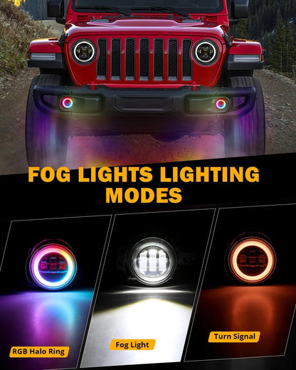 Upgraded RGB 9 Inch Headlights + 4 Inch Fog Lights Combo for Jeep Wrangler JL with APP Control