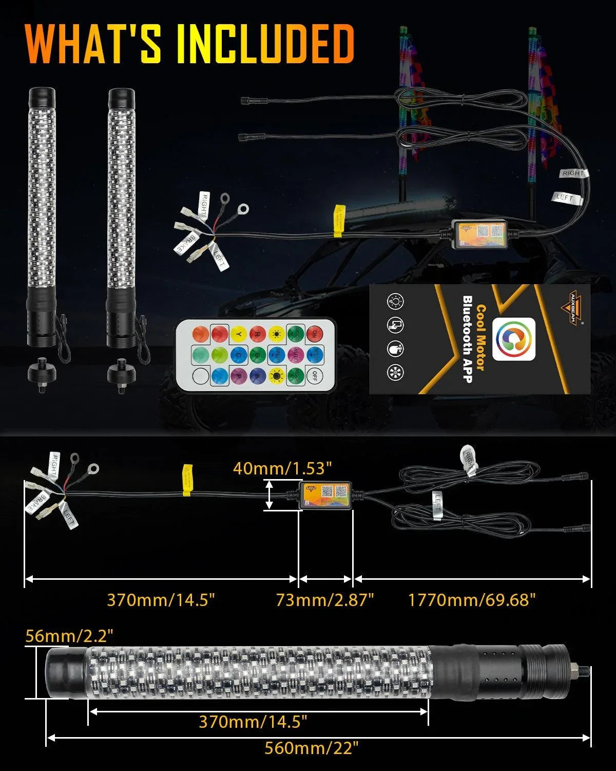 New LED RGB Whip Lights with Turn Signal & Brake Light, Bluetooth APP/ Remote Control
