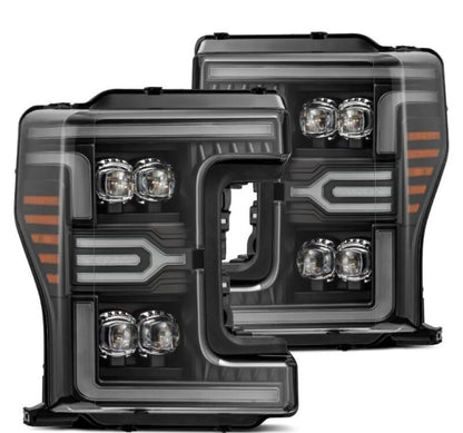 AlphaRex 17-19 Ford F-250/350/450 SD NOVA-Series LED Proj Headlights Bk w/Actv Light SeqSig & SBDRL