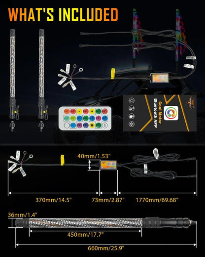 New LED RGB Whip Lights with Turn Signal & Brake Light, Bluetooth APP/ Remote Control
