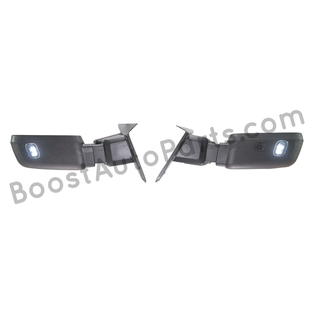 Ford F250 F350 Super Duty Superduty Towing Trailering Camper Mirror Mirrors Folding Smoked Clear Black Paintable Paint to match Chrome Switchback Switch Back 2017 2018 2019 17-19 XL XLT King Ranch Lariat Platinum Super Cab Super Crew Cab Regular Cab Limit