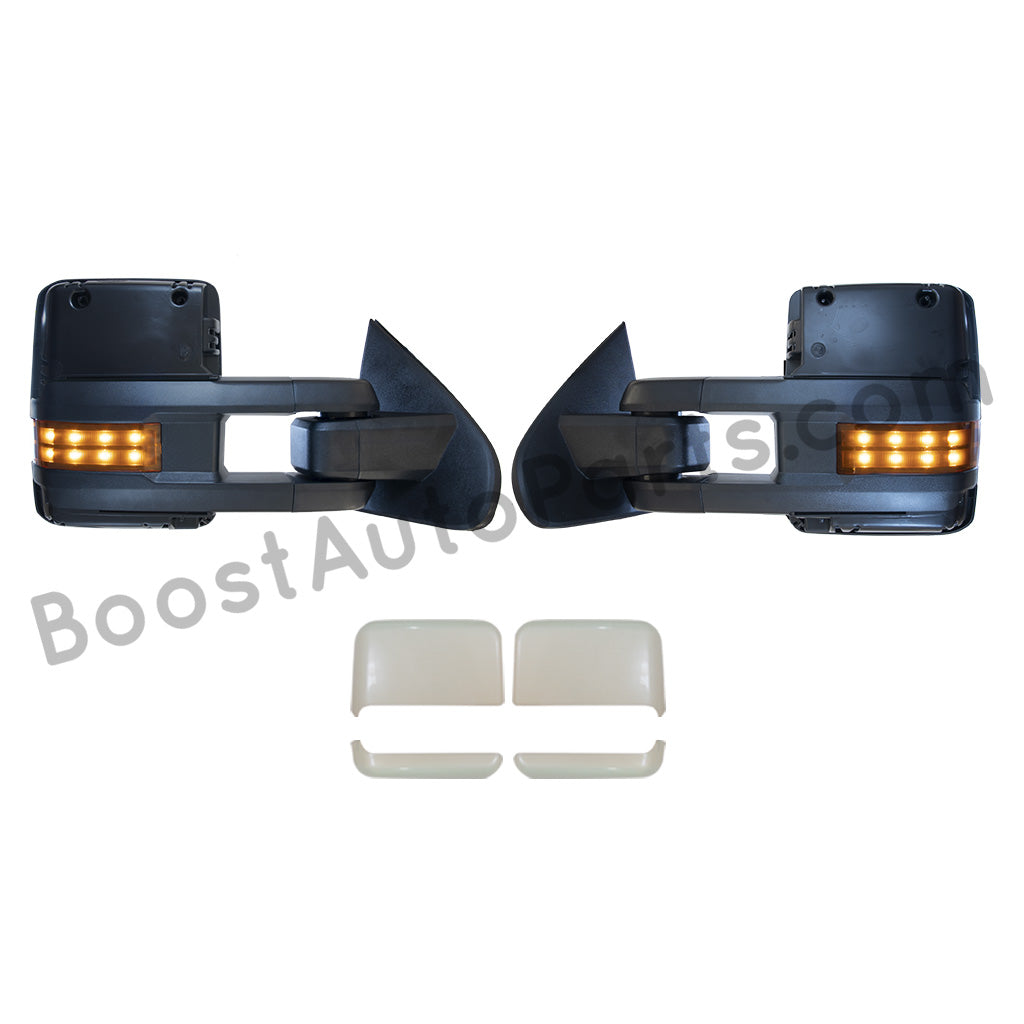 diesel compatible rpo k40 ambient air sensor boost auto parts tow towing mirrors mirror chevy gm gmc silverado sierra 1500 2500hd duramax black chrome smoked amber paint to match white boost auto parts boostautoparts.com dpn dqs 2015 2016 2017 2018 2019
