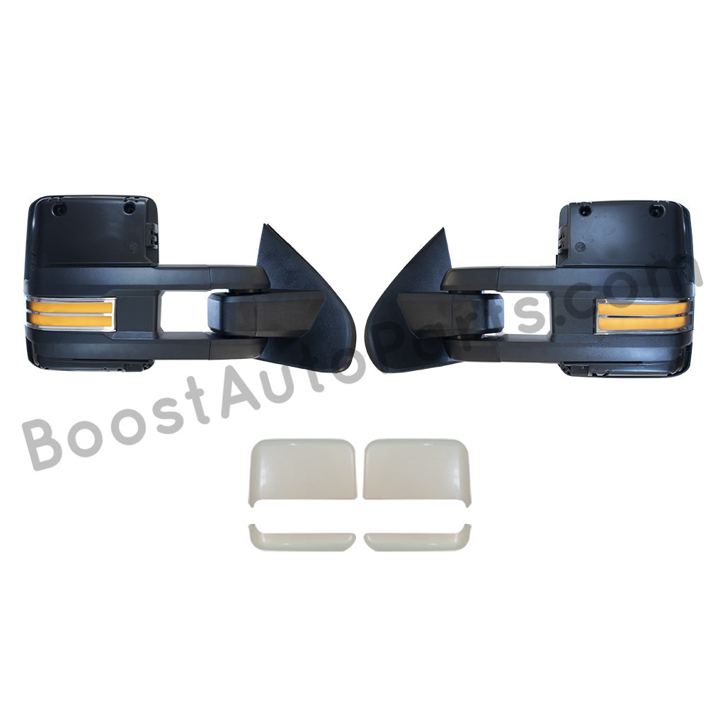 diesel compatible rpo k40 ambient air sensor boost auto parts tow towing mirrors mirror chevy gm gmc silverado sierra 1500 2500hd duramax black chrome smoked amber paint to match white boost auto parts boostautoparts.com dpn dqs 2015 2016 2017 2018 2019