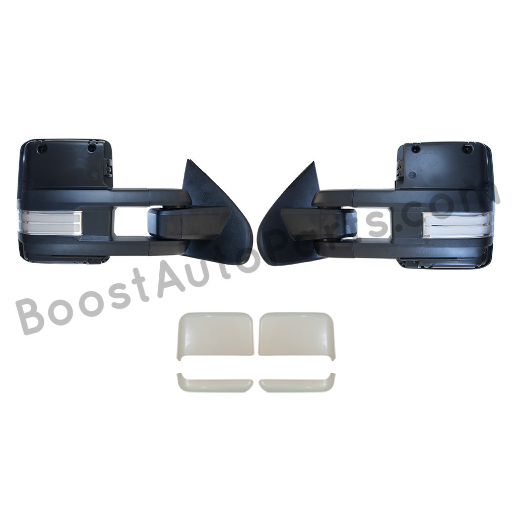 diesel compatible rpo k40 ambient air sensor boost auto parts tow towing mirrors mirror chevy gm gmc silverado sierra 1500 2500hd duramax black chrome smoked amber paint to match white boost auto parts boostautoparts.com dpn dqs 2015 2016 2017 2018 2019