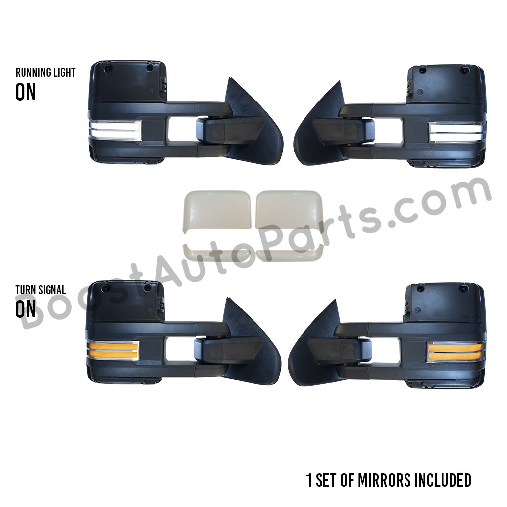 diesel compatible rpo k40 ambient air sensor boost auto parts tow towing mirrors mirror chevy gm gmc silverado sierra 1500 2500hd duramax black chrome smoked amber paint to match white boost auto parts boostautoparts.com dpn dqs 2015 2016 2017 2018 2019