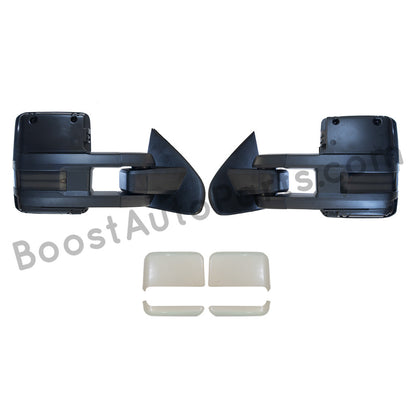 diesel compatible rpo k40 ambient air sensor boost auto parts tow towing mirrors mirror chevy gm gmc silverado sierra 1500 2500hd duramax black chrome smoked amber paint to match white boost auto parts boostautoparts.com dpn dqs 2015 2016 2017 2018 2019